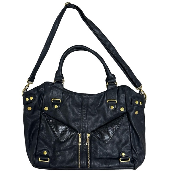 JustFab Handbags - JustFab Black Faux Leather Satchel Bag with Gold Hardware